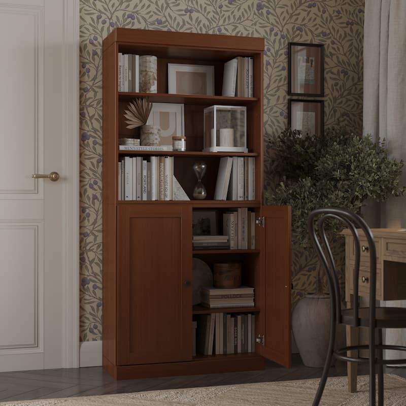 Solid Wood Tall Bookcase with Doors, Adjustable Shelves, Modular Storage, Open Display Bookshelf, 32" W x 71.5" H - Mocha