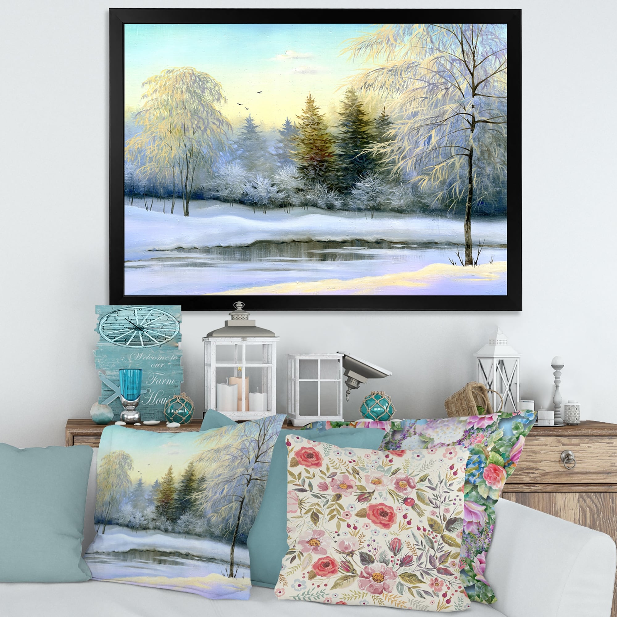 Designart "Green Trees In Beautiful Winter Landscape" Traditional Framed Art Print