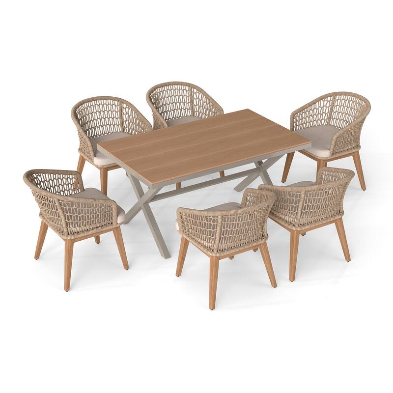 Outdoor 7-Piece Dining Chair with Rope-woven Backrest and Table Set