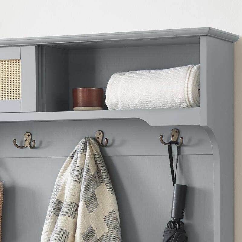 Modern Rattan Door Coat Rack Entryway Storage Bench with Shoe Storage Compartments and Open Shelves