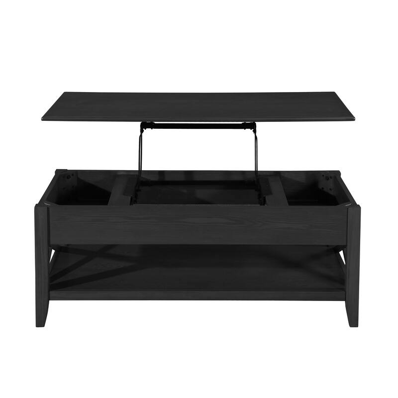 Roomfitters Modern Lift Top Coffee Table with Hidden Storage and Bottom Shelf, Wood Farmhouse Center Cocktail Table, Black