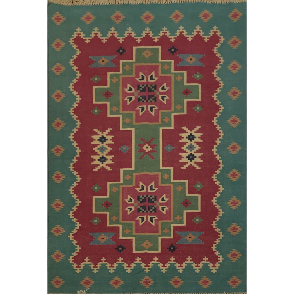 Hand Woven Oriental 100% Wool Carpet Southwestern Geometric Pink Kilim Area Rug - 5' 11'' X 4' 0''
