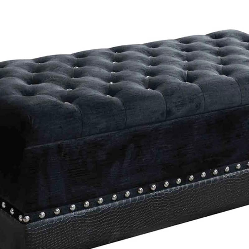 Leatherette Storage Bench with Nailhead Trims and Button Tufted Seat, Black