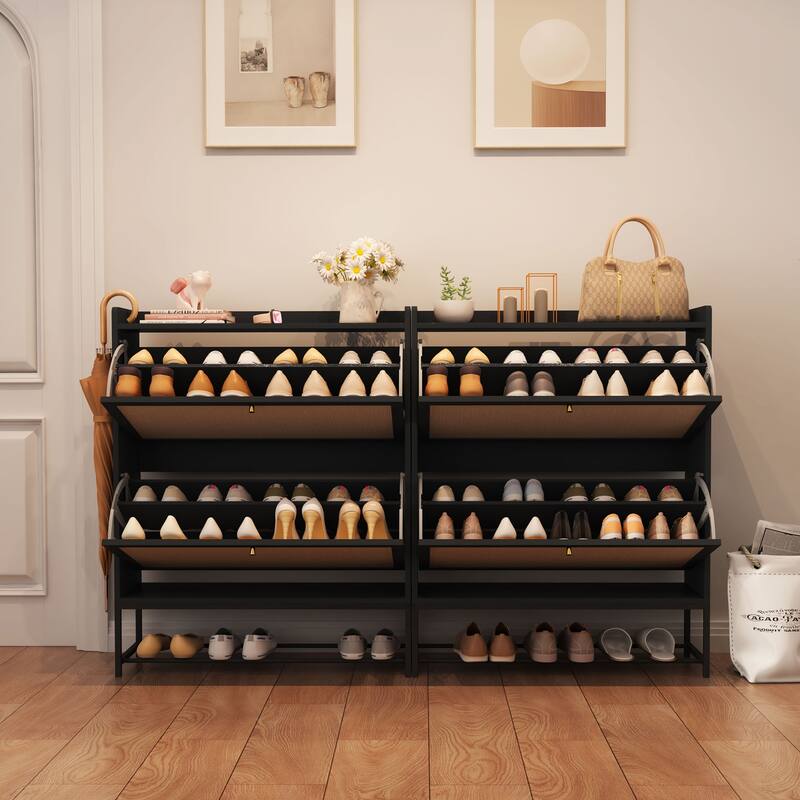 Free-standing Two-tier Flip-out Drawer Wooden Shoe Storage