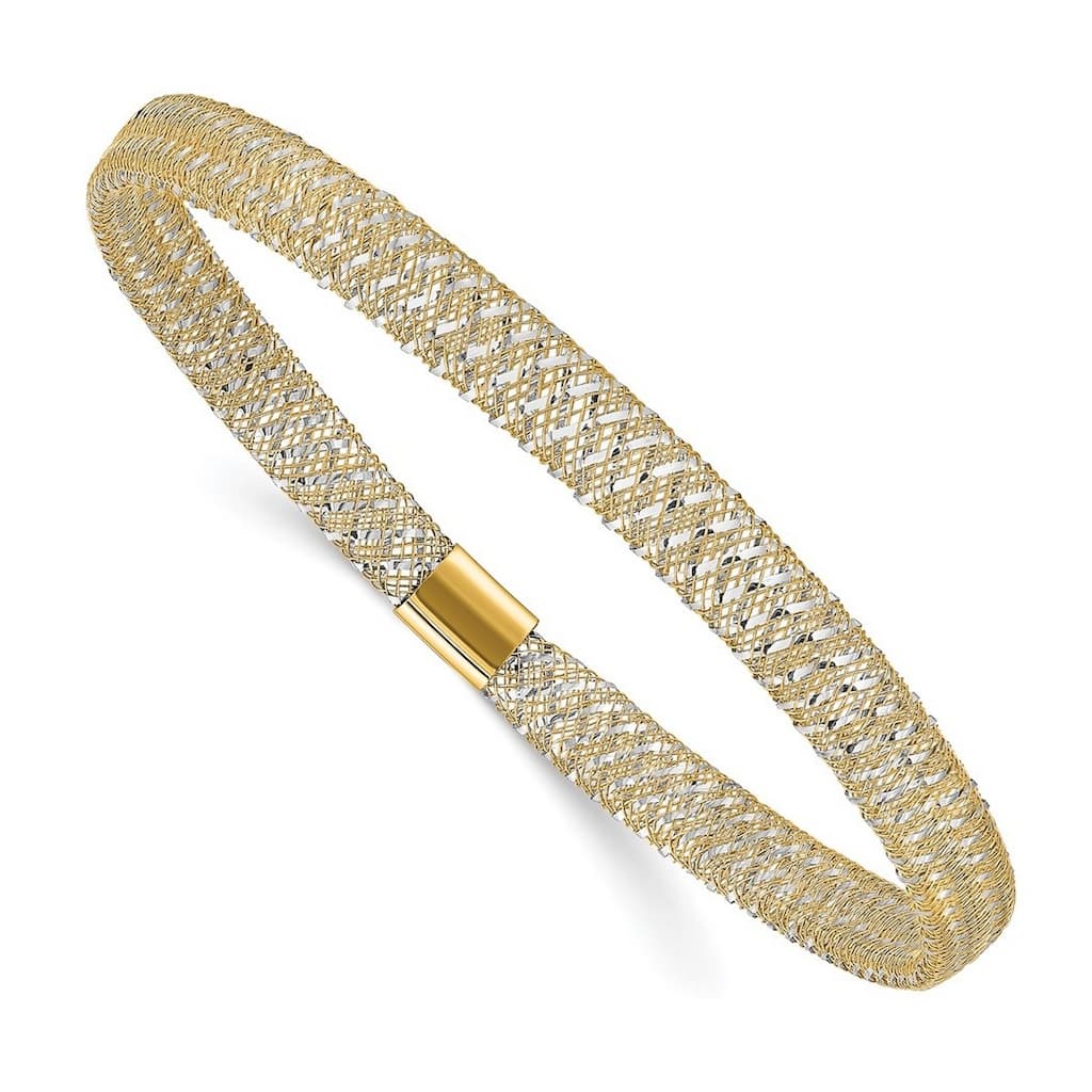 Curata 14k Two-tone Gold 7" 6mm Mesh Stretch Stackable Bangle Bracelet