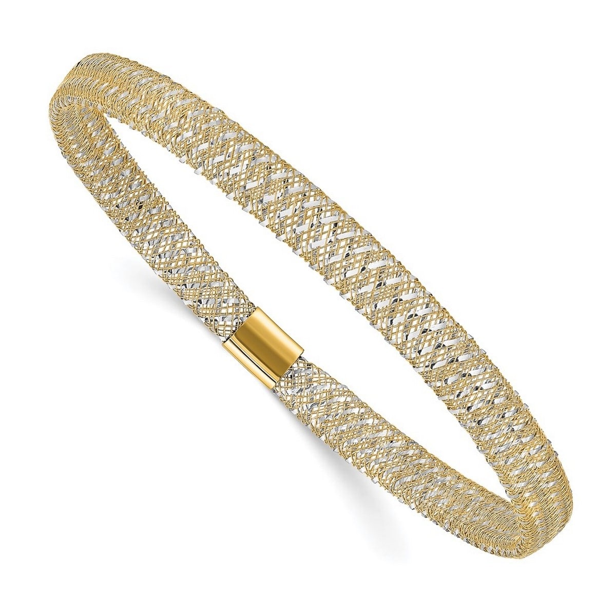 Curata 14k Two-tone Gold 7" 6mm Mesh Stretch Bangle Bracelet
