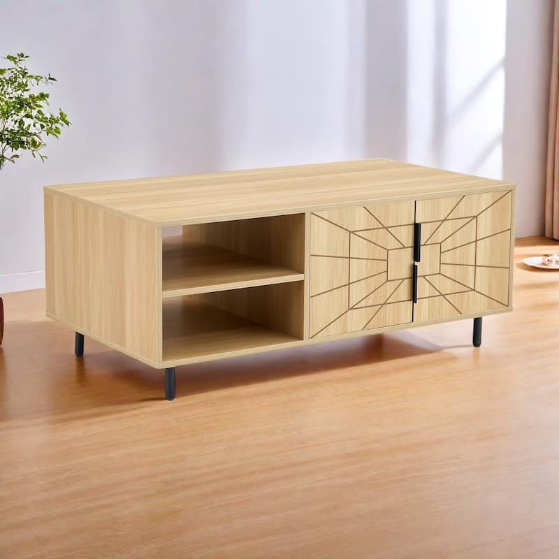 43.33" MDF Modern Coffee Table with Web-Like Design and Open Shelves - Natural Wood