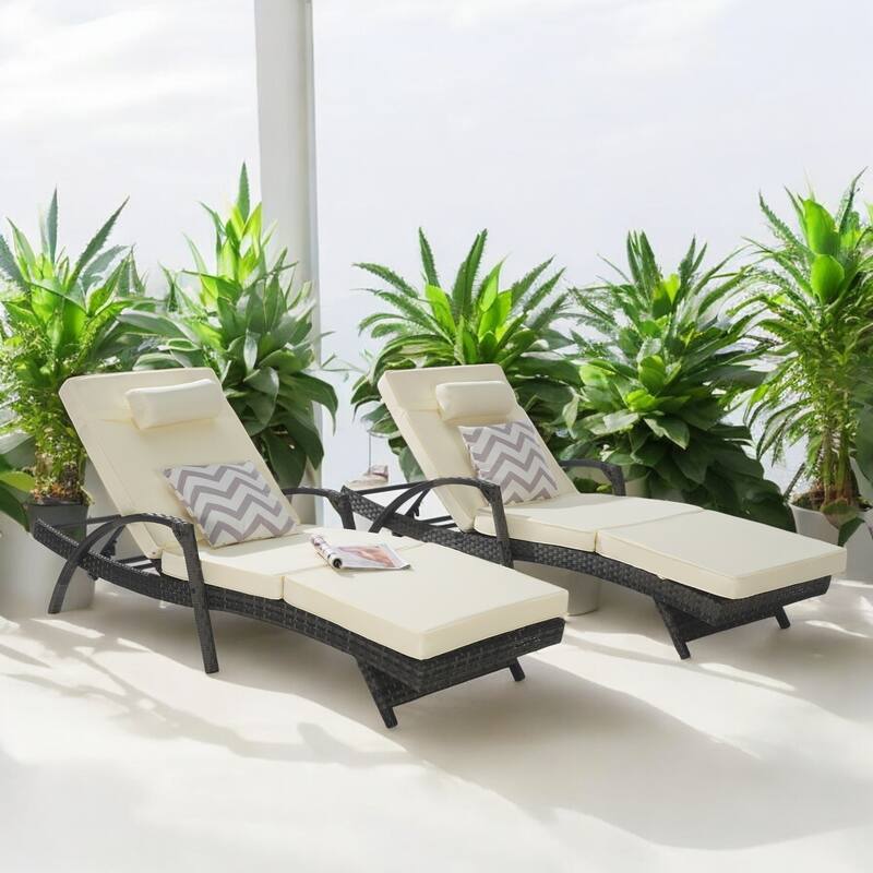 Outdoor Wicker Reclining Lounge Chairs Set of 2 with Cushions – Adjustable, Lawn Chairs for Patio, Poolside, and Garden - Beige