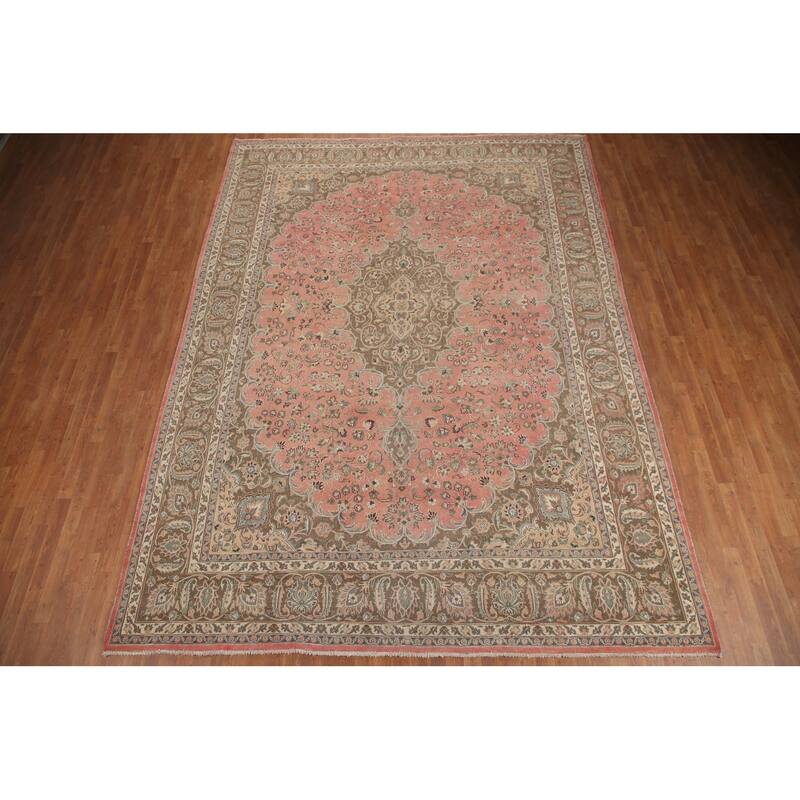 Hand Knotted Oriental 100% Wool Carpet Traditional Floral Pink Mashad Area Rug - 13' 0'' X 9' 7''