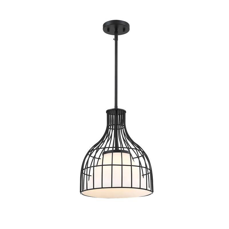 Evensong 60 Watt 1-Light Matte Black Bell Pendant with Etched Opal Glass Shade and Metal Outer Cage - 14.75