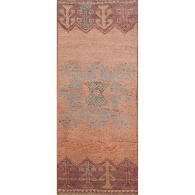 Hand Knotted Oriental 100% Wool Carpet Transitional Tribal Oranges & Rust Anatolian Runner Rug - 3' 4'' X 1' 3''
