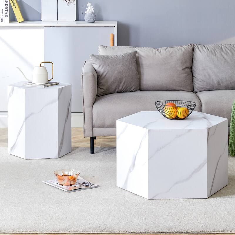 Modern hexagonal coffee table 2 piece set - White