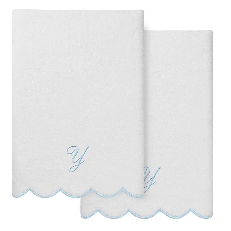 Authentic Hotel and Spa 100% Turkish Cotton Blue ADORNIA Scallop Personalized 2 Piece Bath Towel Set - 2 Bath Towels - Y