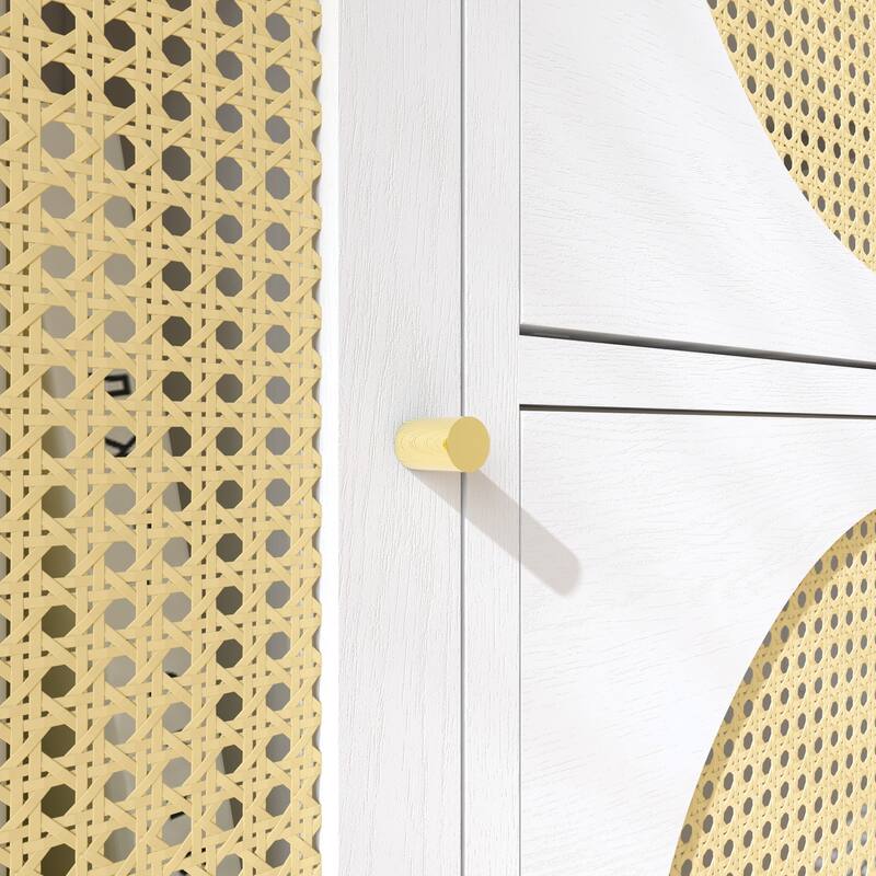 Modern Rattan Door Hutch Cabinet with Power Outlet, Tall Freestanding Pantry with Drawers and Shelves, Buffet Sideboard
