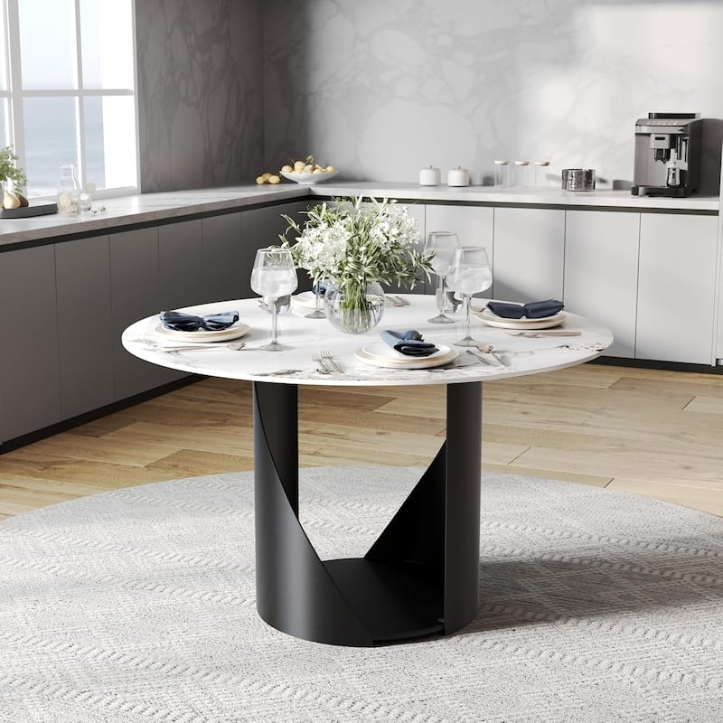 White Round Sintered Stone Dining Table with Matte Black Sandblasted Texture Base - 54 inch