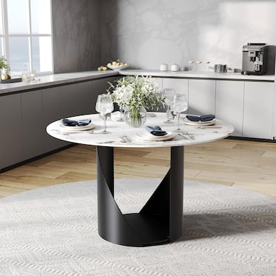 White Round Sintered Stone Dining Table with Matte Black Sandblasted Texture Base