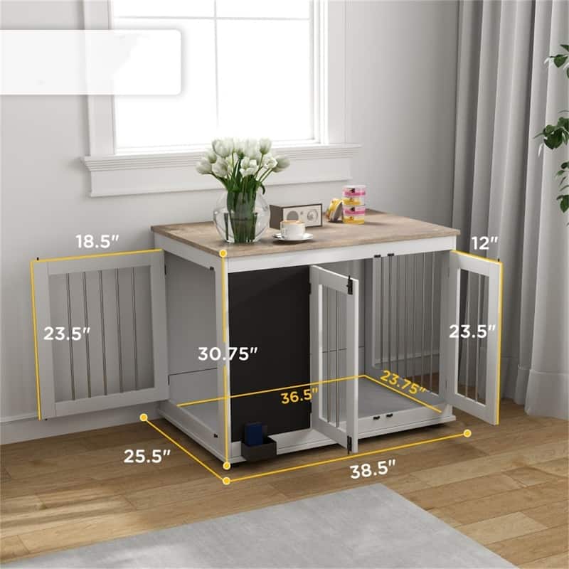 White Dog Crate with Steel Bars, Double Front Doors - 38.6" W x 25.6" D x 30.7" H