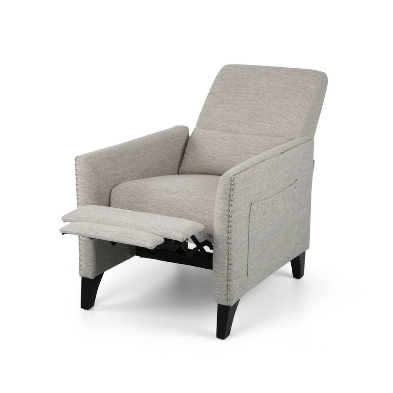 Davy Pushback Recliner Chair, Nailhead Trim, Birch Wood, Gray Fabric