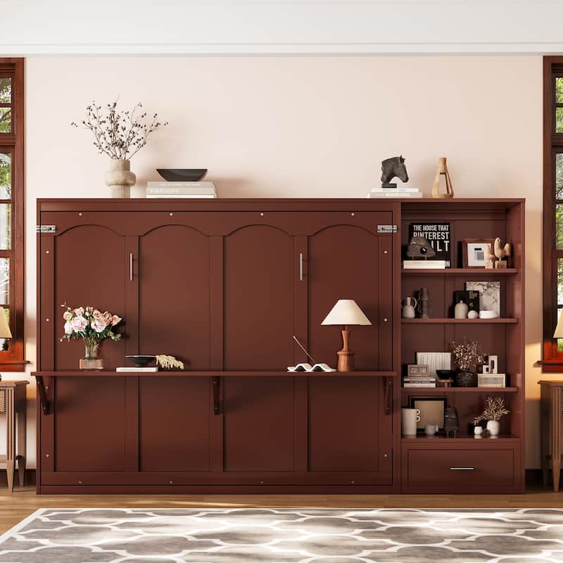 Roomfitters Queen Size Murphy Bed with Adjustable Storage Compartments and Shelf, Foldable Wall Bed with Drawer
