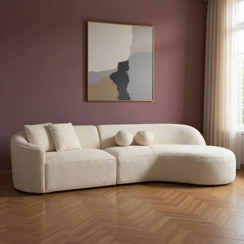 HomeRoots Ivory Boucle Modular Curved Two Piece Sofa and Chaise Sectional With Toss Pillows - Right Facing