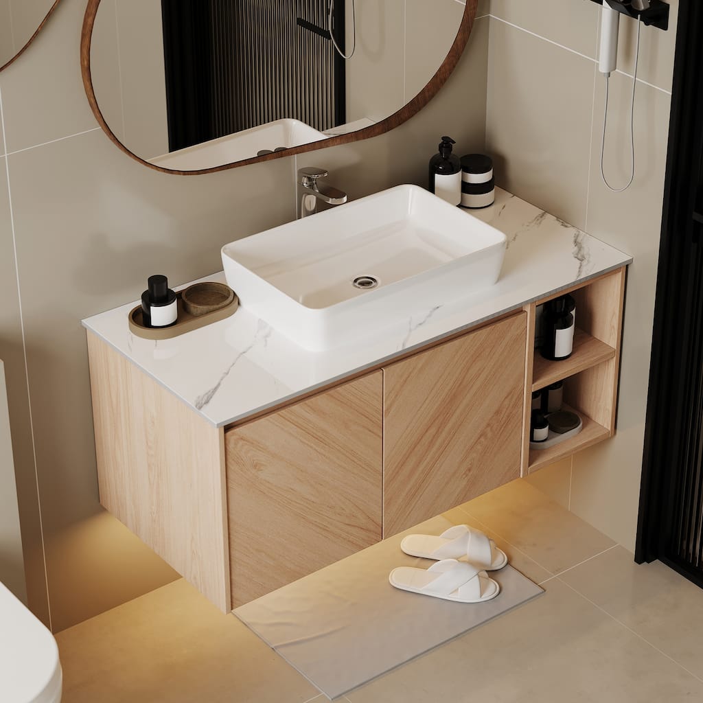 35.83'' Single Bathroom Vanity with Stone Top, Brown Wood, Black Vessel, Floading Vanities