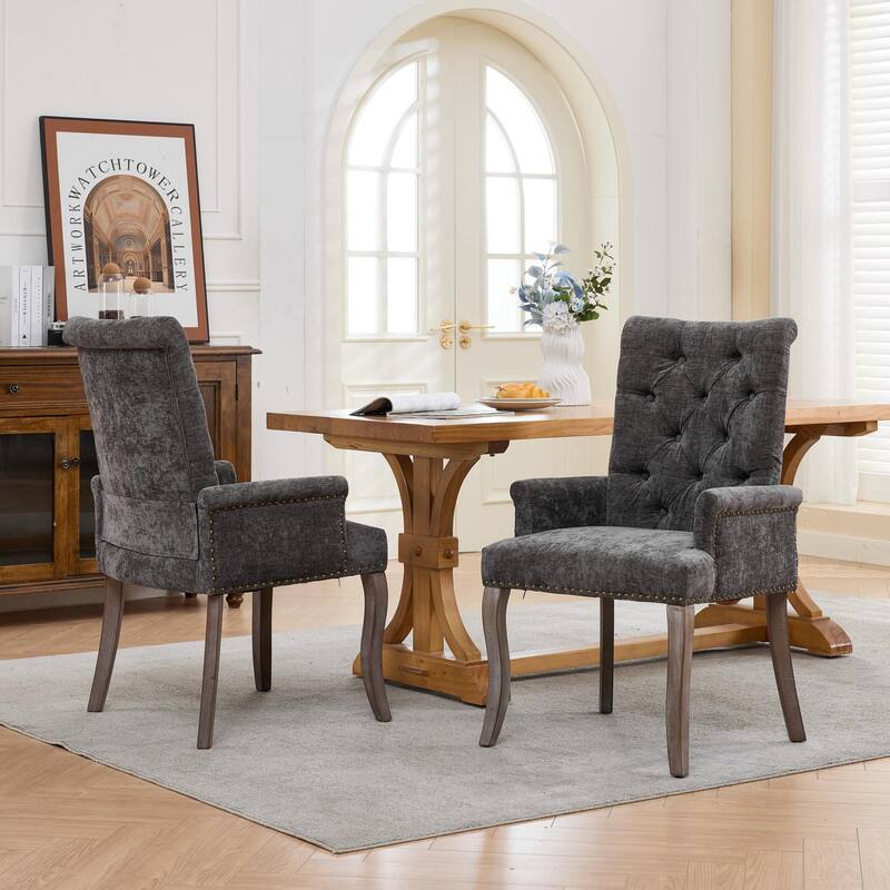 Upholstered Chenille Fabric Accent Dining Chair, Curved Solid Wood Legs, Elegant Tufted Club Dining Room Kitchen Room Arm