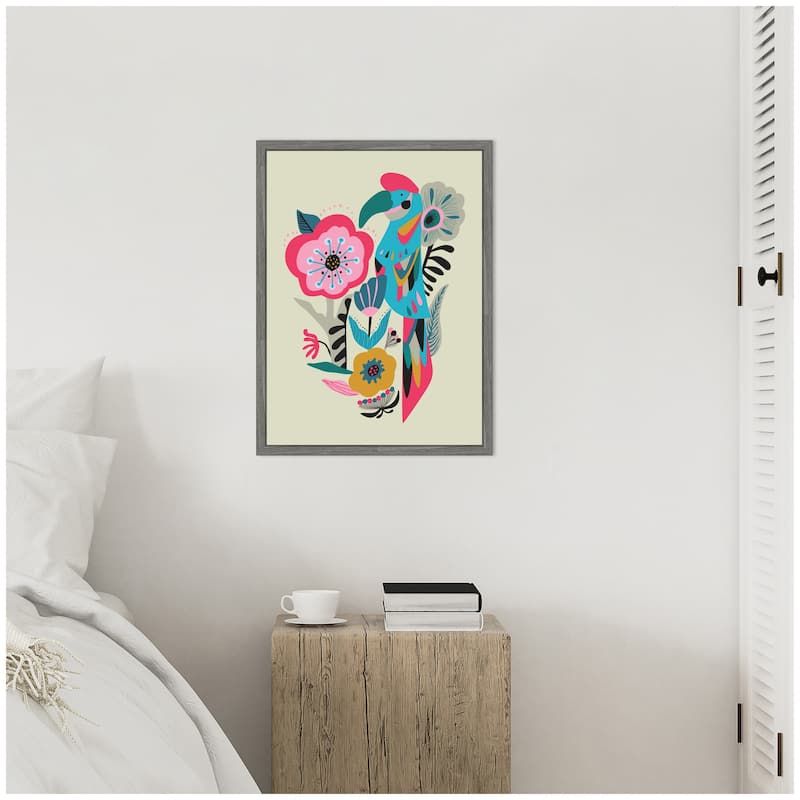 Kate and Laurel Sylvie Bright Teal and Pink Floral and Parrot Framed Canvas by Rachel Lee
