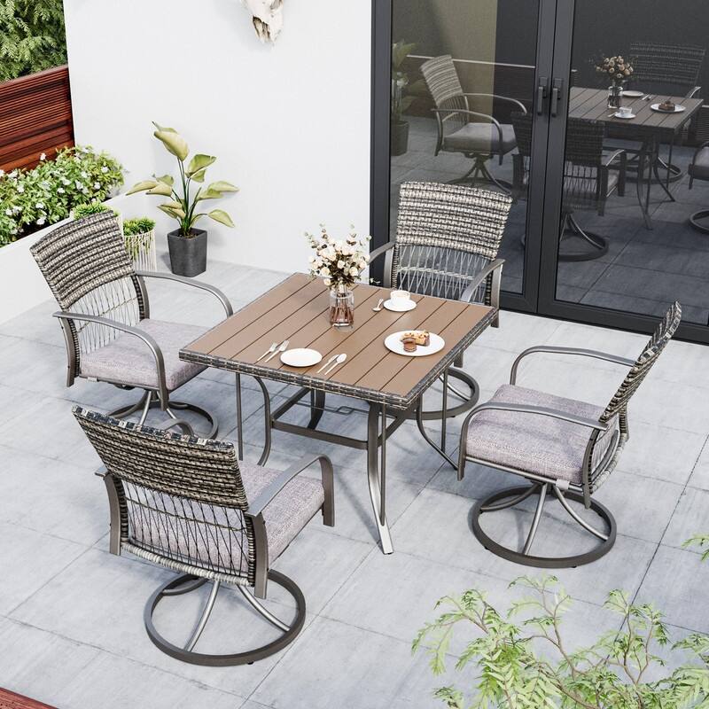 5-Piece Metal Patio Outdoor Dining Set with Square Table and Rattan Swivel Chairs with Cushion