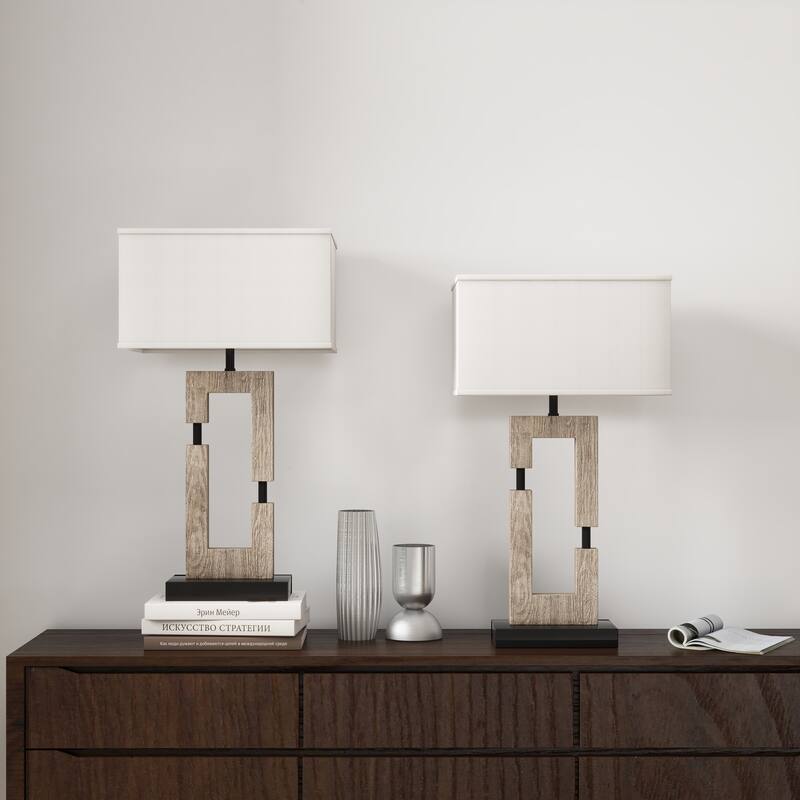 25.9" Wood Table Lamp With Cotton Shade And USB Set of 2 - Barn Wood
