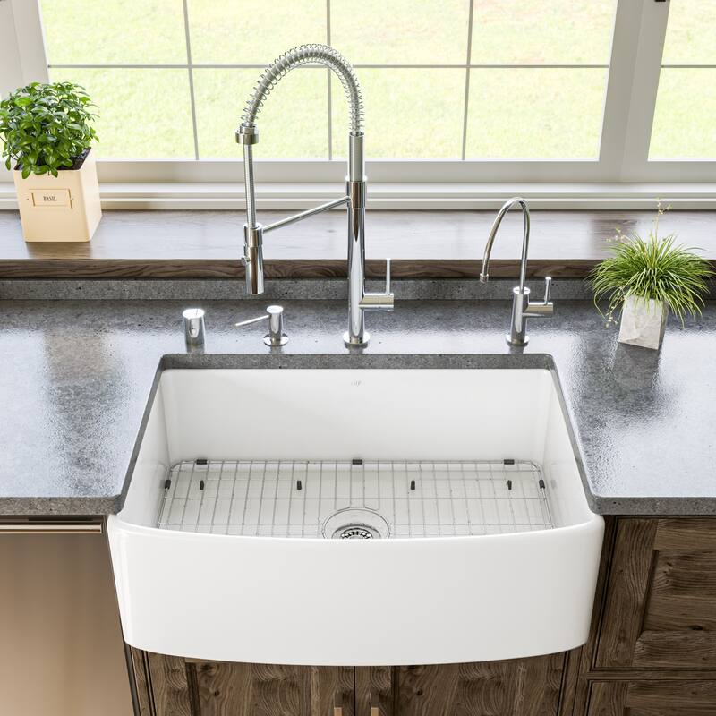 ALFI Brand White Smooth Curved Apron 30" x 20" Single Bowl Fireclay Farm Sink with Grid