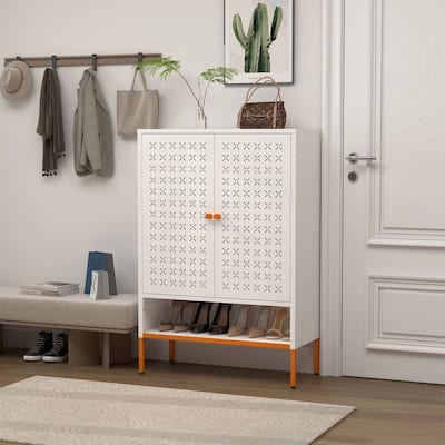 Grid Double Door Shoe Cabinet with Adjustable Shelves and Moisture-Proof Base
