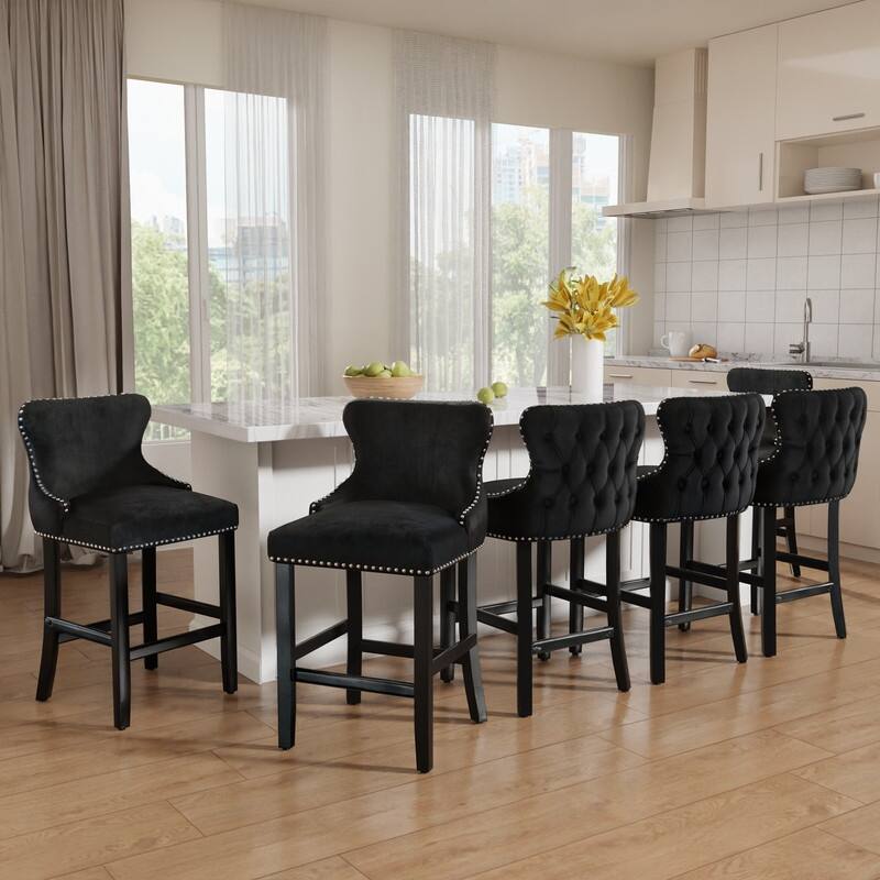 Upholstered Wing Back Bar Stools (Set of 6) - Black Velvet