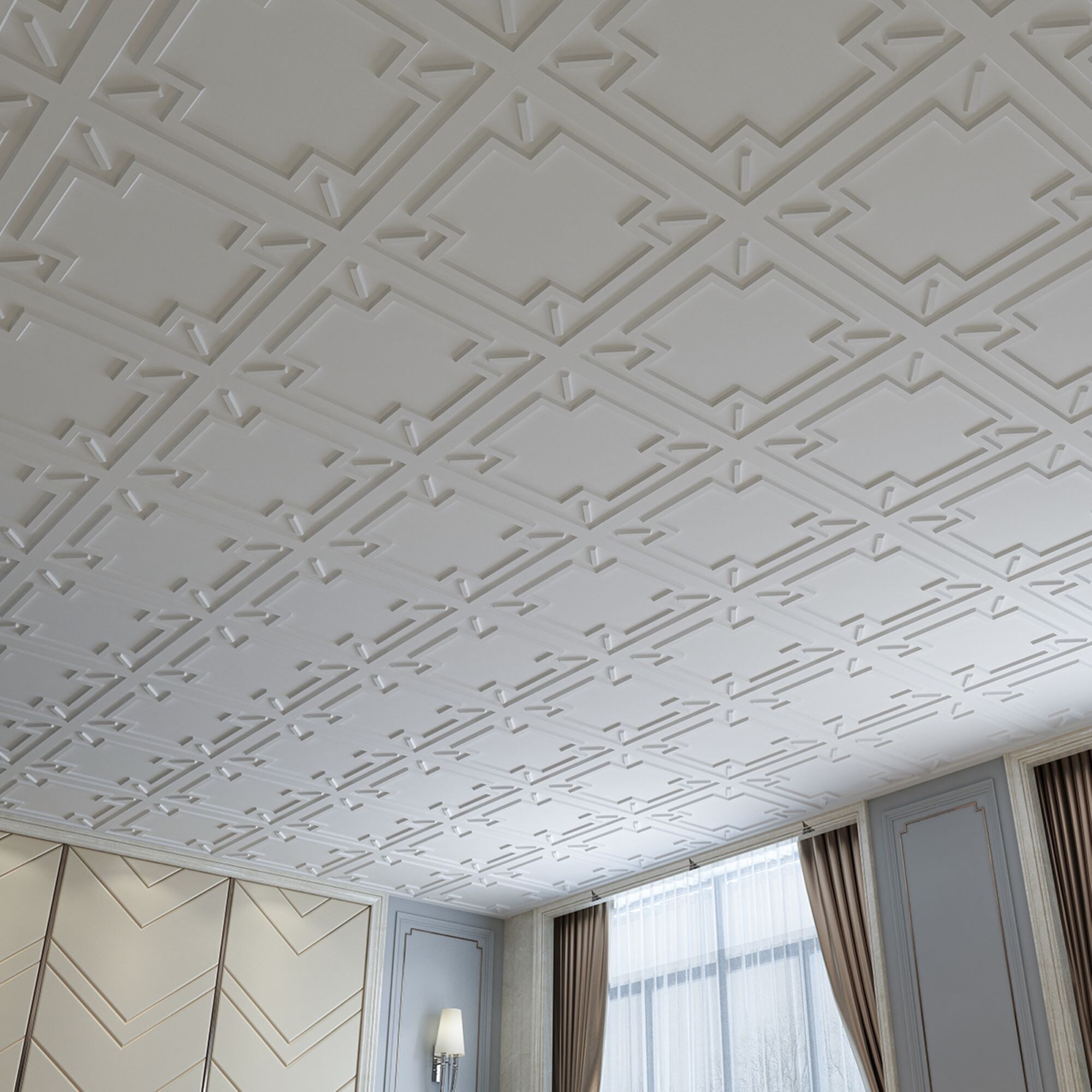 FASÄDE Art Deco Decorative Vinyl 2ft x 4ft Glue Up Ceiling Panel in ... - Textured Ceiling With Decorative Tiles