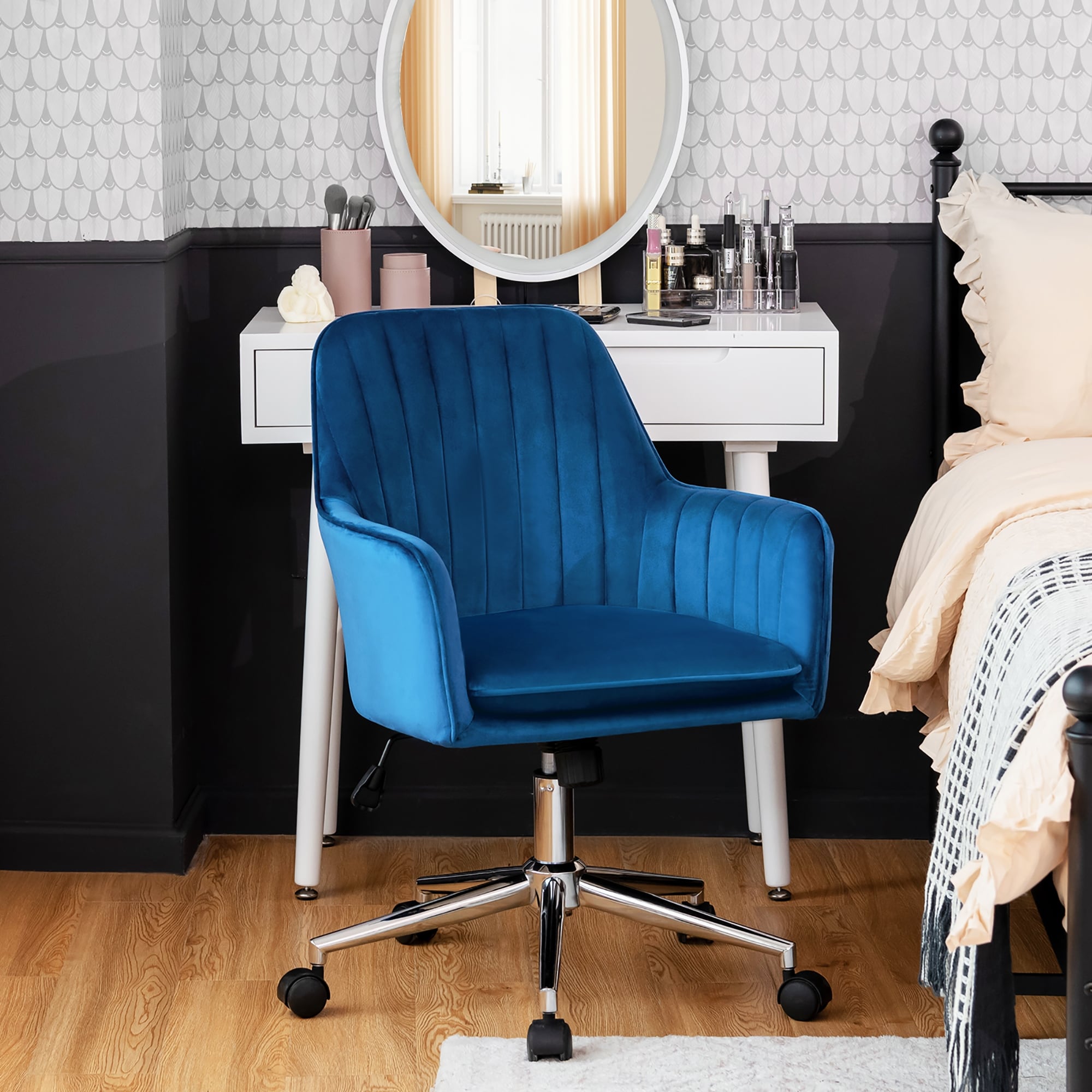 Modern Velvet Desk Chair Mid Back Swivel Office Accent Chair
