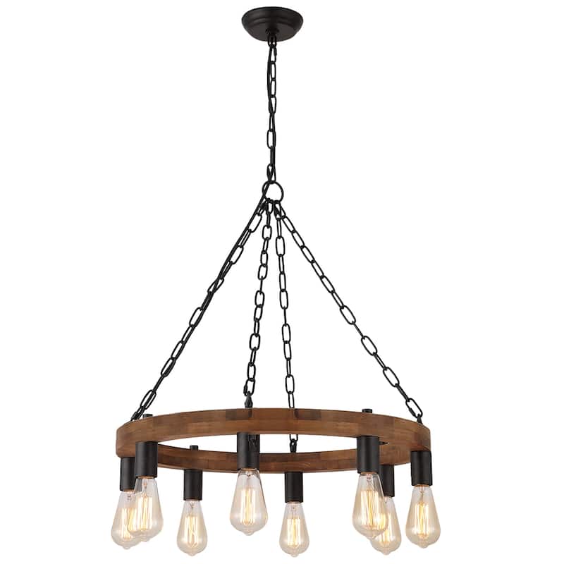 Anmytek Modern Farmhouse 8-Light Wagon Wheel Wood Chandelier Round Pendant Lights for Dining Room - 23.5" D x 24" H