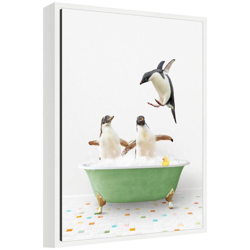 Kate and Laurel Sylvie Penguins in Green Bathtub on Colored Tile Framed Canvas by Amy Peterson - White