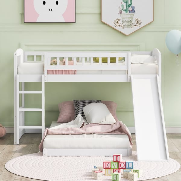 slide 2 of 13, Playhouse Inspired Twin over Twin Bunk Bed with Slide & Ladder White