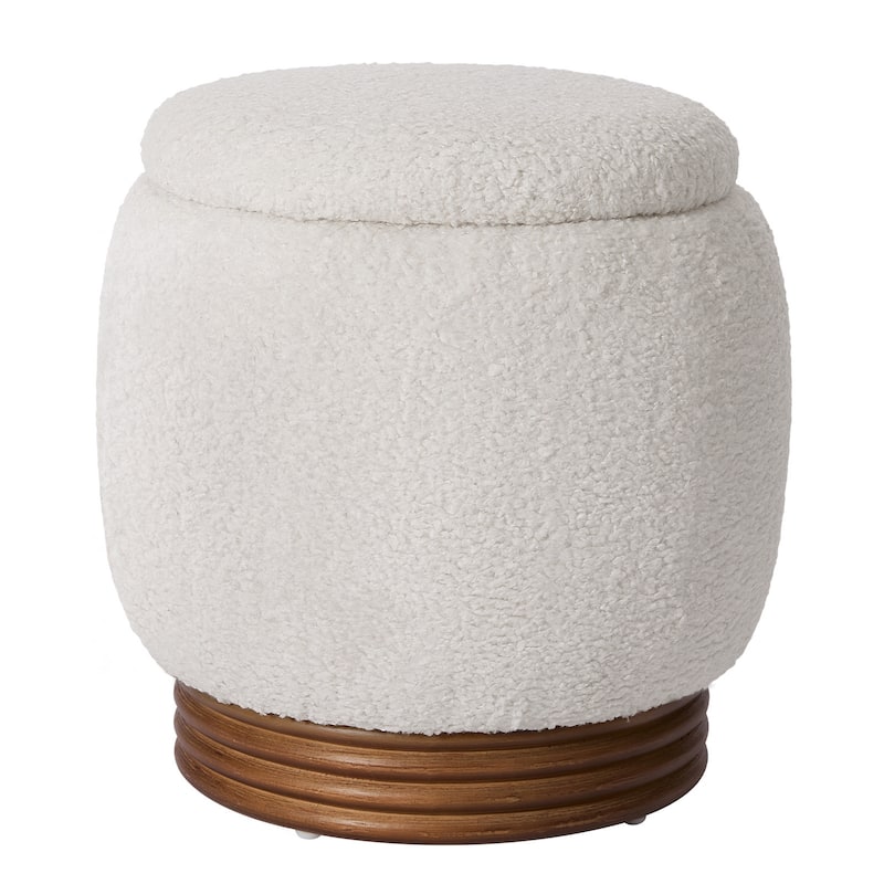Round Storage Pouf Ottoman Footstool with Flip-top and Acacia Frame