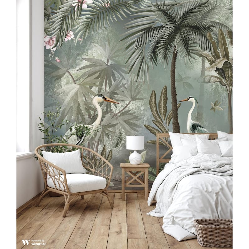 Serene Tropical Oasis Wallpaper Mural Herons and Palm Trees
