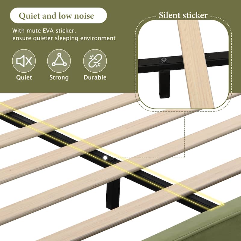 King Size Velvet Bed Frames, Upholstered Platform Bed with Curved Tufted Headboard, Soft Square Corners