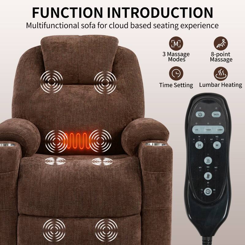 Chenille Power Lift Recliner Massage Chair: 8-Point Vibration Massage, Lumbar Heating, Dual USB Ports, Cup Holders