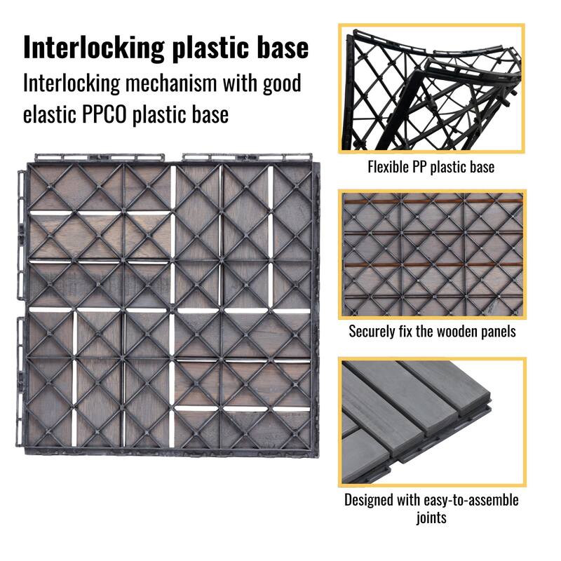 30 PCS Interlocking Deck Tiles Checker Pattern, 12" x 12" Square Light Gray Acacia Hardwood Outdoor Flooring