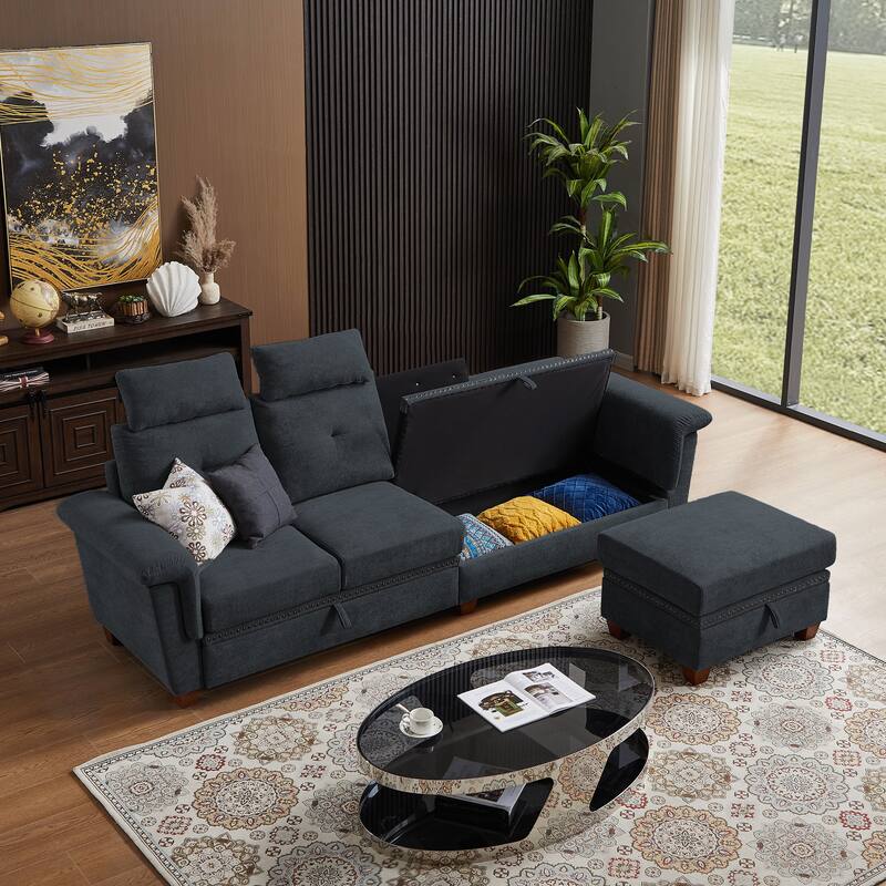 109" Modern 4 Seaters Towelling Sectional Sofa with Hidden Coffee Table Adjustable Headrest and Large Storage Space