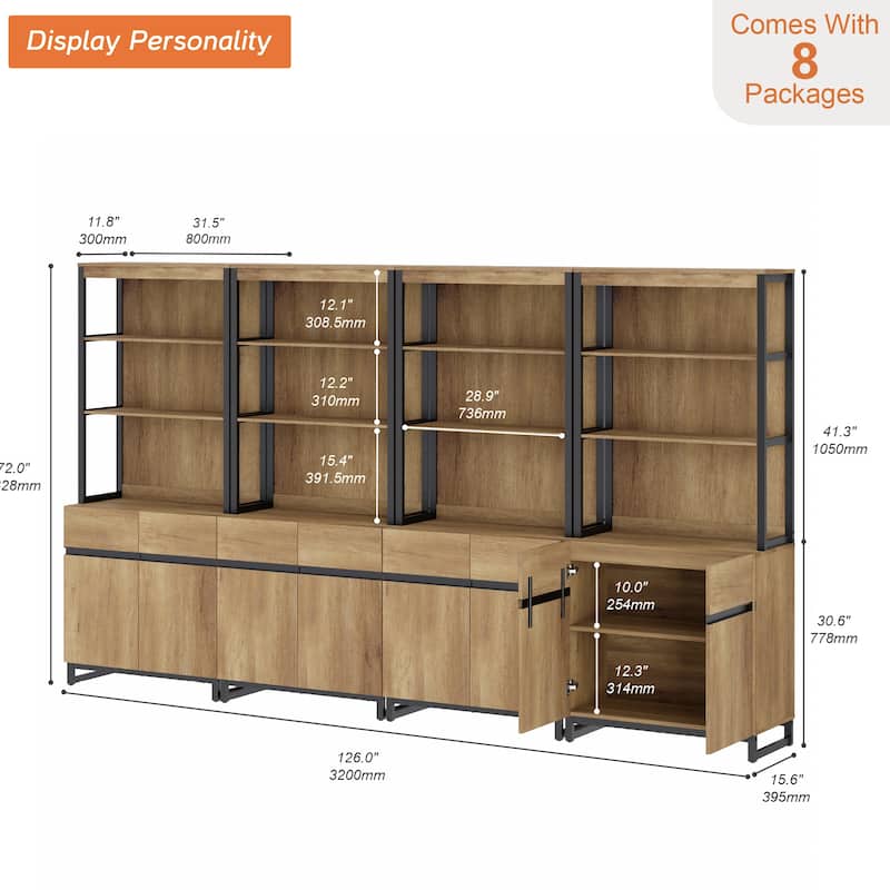 WAMPAT Modern TV Stand with 3 Tiers Bookshelf, Farmhouse Entertainment Center with 4 Large Storage Cabinets and Adjustable Shelf