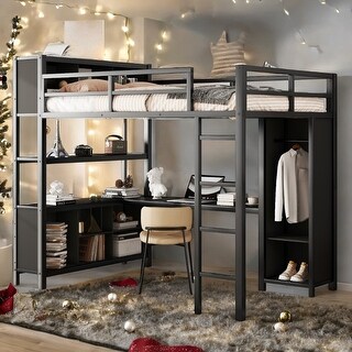 Metal Loft Bed with Wardrobe and L-shaped Desk, Full Size Loft Bed with Storage Cubes, Heavy Duty for Kids Teens Adults
