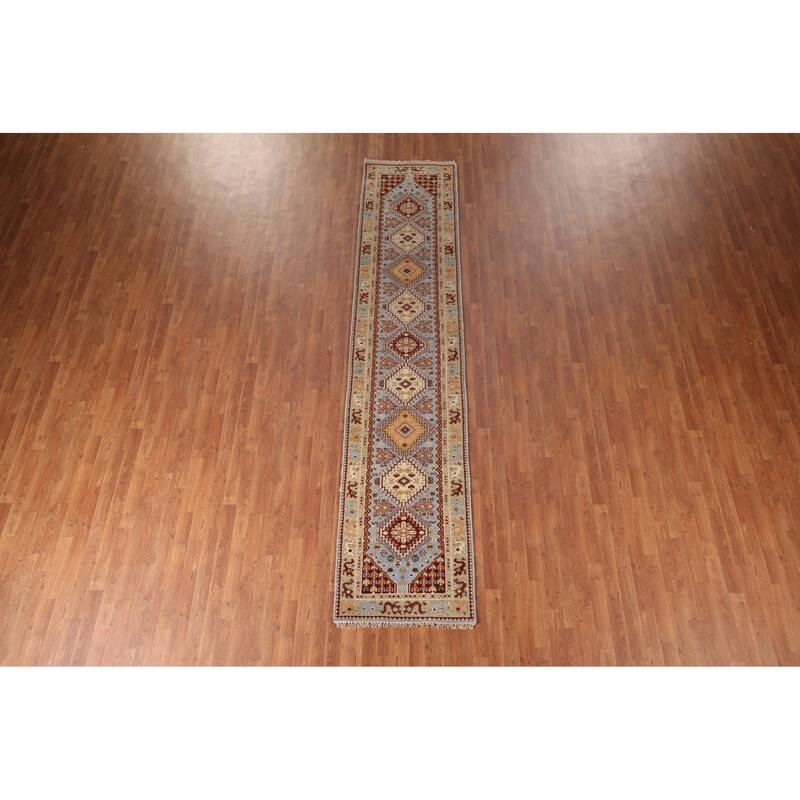Light Blue Khotan Indian Runner Rug Handmade Wool Carpet - 2'7"x 11'11"