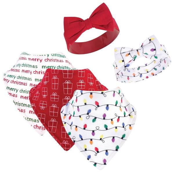 slide 1 of 1, Hudson Baby Infant Girl Cotton Bib and Headband Set 5pk, Christmas Lights, One Size - Christmas Lights - One Size One Size - Christmas Lights