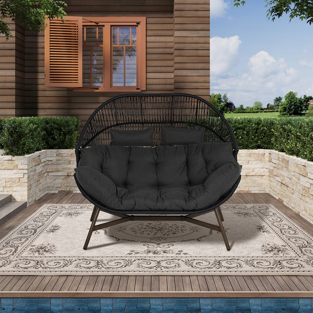 2 PCS Outdoor Oversized Wicker Egg Basket Lounger Chair with Cushions