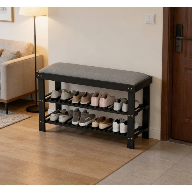 Entryway Storage Bench Bamboo Frame 2 Tier Shoe Rack with Cushion