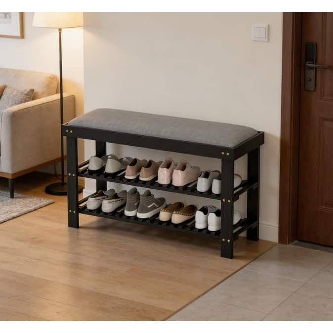 Entryway Storage Bench Bamboo Frame 2 Tier Shoe Rack with Cushion - Black+ Gray